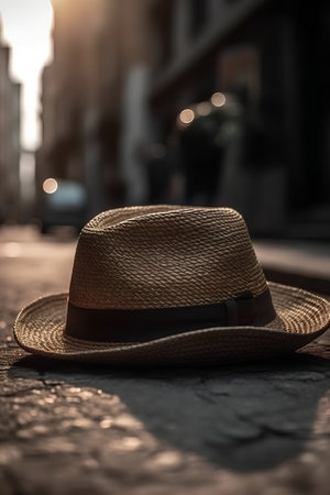 Straw hat on the street in the evening light. Selective focus.の素材