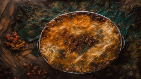 Casserole with meat and cheese on a wooden background. Top viewの素材