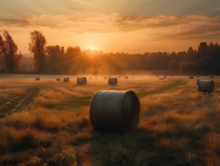 Hay bales on the field at sunset. Beautiful rural landscape.の素材