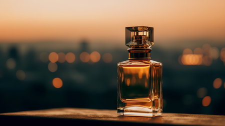 Perfume bottle on the background of the city at sunset.の素材