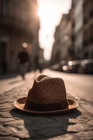 Straw hat on the street. Selective focus. Toned.の素材