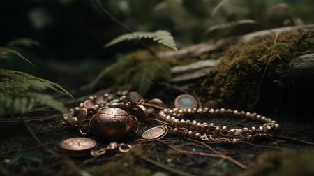 Jewelry on the ground in the forest. Vintage style.の素材