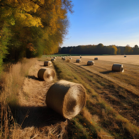 Autumn landscape with hay bales on the meadow, Polandの素材