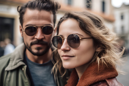 Beautiful young couple in sunglasses on the street of Rome, Italyの素材