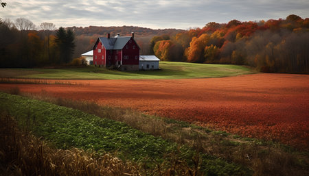 Red barn in the middle of a field with colorful autumnal treesの素材