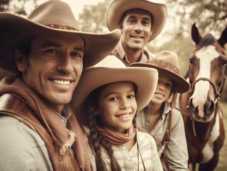 Portrait of happy family in cowboy hats looking at camera and smilingの素材