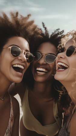 Portrait of three beautiful women with afro hairstyle in sunglassesの素材