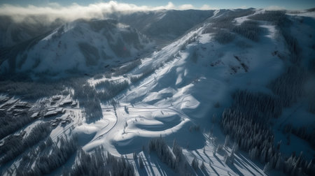 Beautiful winter landscape in the mountains with snow covered trees and ski slopesの素材