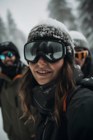 Portrait of a girl in ski goggles with snow on her faceの素材
