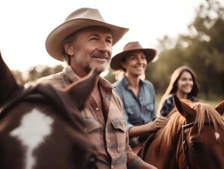 Happy senior cowboy with his family on horseback in the countryside.の素材