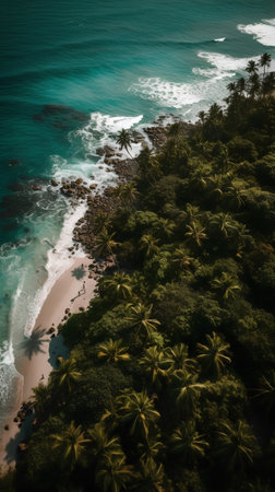Aerial view of a beautiful tropical beach with palm trees and turquoise waterの素材