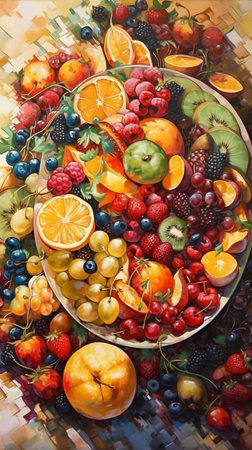Fruits and berries on a plate, watercolors painting.の素材