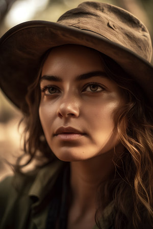 Portrait of a beautiful young woman in a hat in the forestの素材