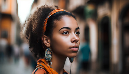 beautiful african american girl in orange earrings looking awayの素材