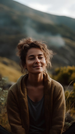 Portrait of a beautiful young woman with curly hair on the background of mountainsの素材