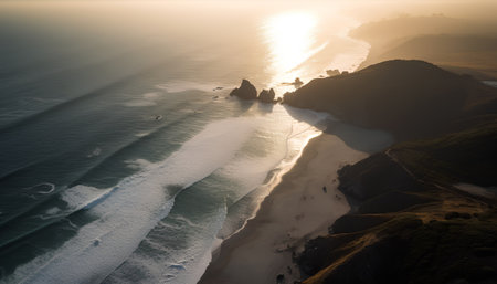 Aerial view of Reynisfjara Beach at sunset, Icelandの素材