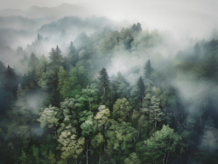 Aerial view of misty pine forest in the mountains. Misty morning.の素材