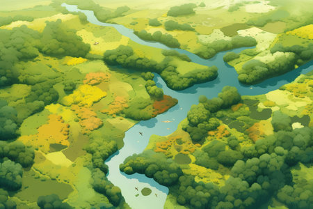 Vector illustration of a green forest with a river in the middle.の素材