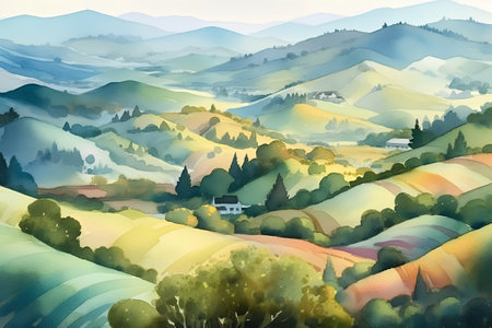 Watercolor painting of rolling hills and village in the mountains. Hand drawn illustrationの素材