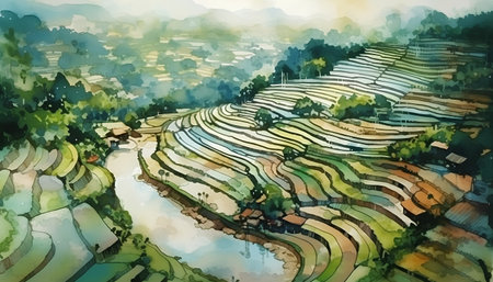 Watercolor painting of rice terraces in the countryside of Vietnam.の素材