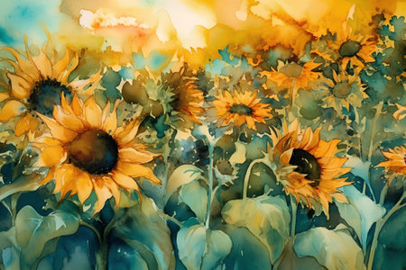 Watercolor illustration of sunflowers on a background of blue skyの素材