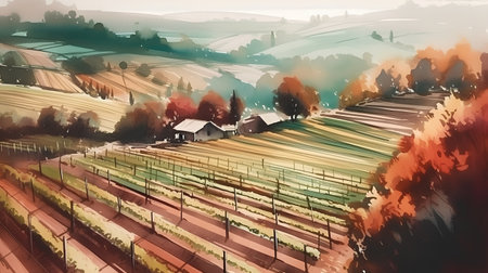 Rural landscape with vineyards in autumn, watercolor painting.の素材