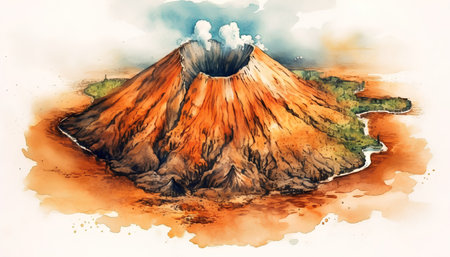 Volcano on the island of Java, Indonesia. Watercolor paintingの素材