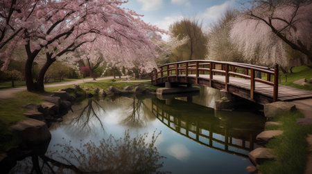 Wooden bridge in the park with pink cherry blossoms in springの素材