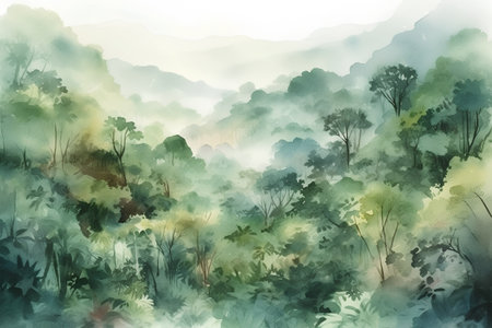 Tropical forest. Watercolor painting. Digital art painting.の素材