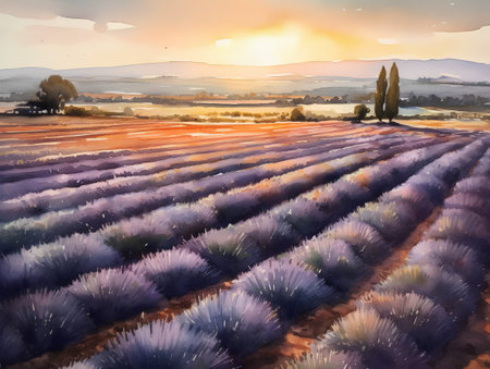 Watercolor illustration of lavender field in Provence, Franceの素材