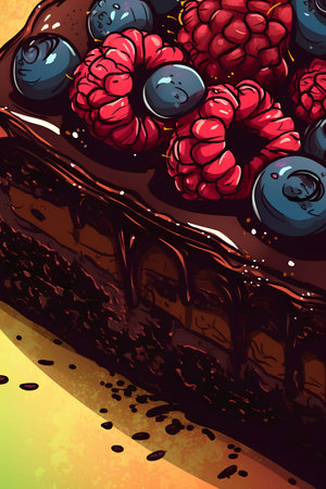 Chocolate cake with raspberries and blueberries. Vector illustration.の素材