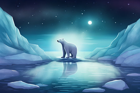 Polar bear on the ice floe at night, vector illustrationの素材