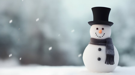 Photo pour Snowman with hat and scarf on snowy background, winter holidays concept - image libre de droit