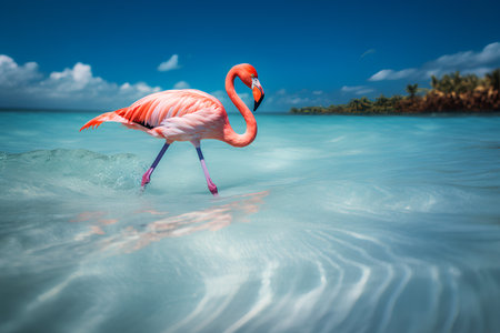 Pink flamingo in the water of the Caribbean sea. Collage.の素材