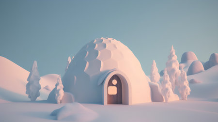 Winter landscape with snow covered igloo. 3d render illustration.の素材