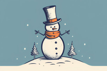 Vector hand drawn illustration of a snowman with hat and scarf. Isolated objects on white background.の素材