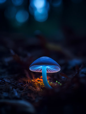 Mushroom in the forest at night with bokeh backgroundの素材