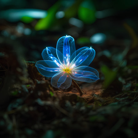 Macro shot of a snowdrop flower in the forest with blue lightの素材
