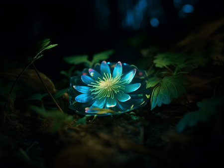Beautiful blue flower in the forest at night. Shallow depth of field.の素材