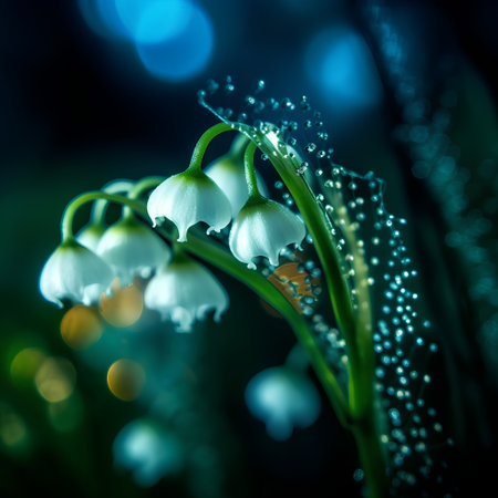 Beautiful snowdrop flowers with dew drops on bokeh backgroundの素材