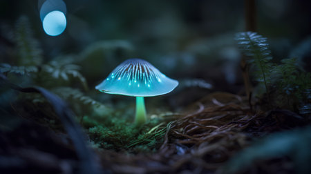 Fungi growing in the forest. Beautiful macro shot of mushroom in moss.の素材