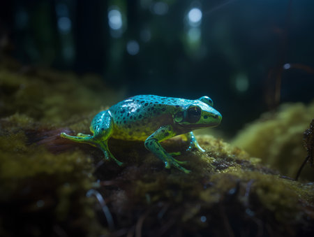 Green frog on the moss in the dark forest. Toned.の素材