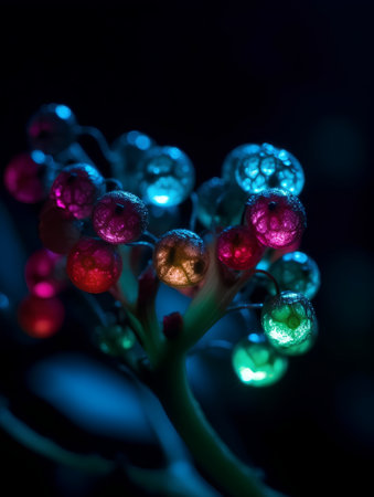 Colorful christmas lights on dark background. Shallow depth of fieldの素材