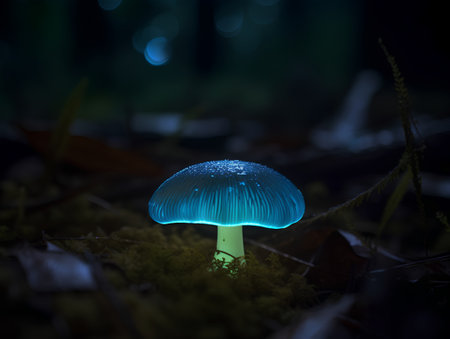 Mushroom in the forest at night with bokeh lightsの素材
