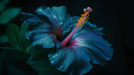Hibiscus flower with water drops on a dark background.の素材