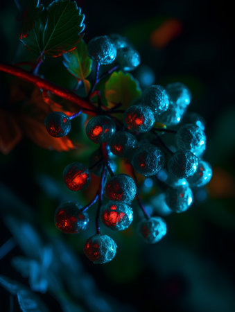 Bunches of viburnum berries with red and blue lightsの素材
