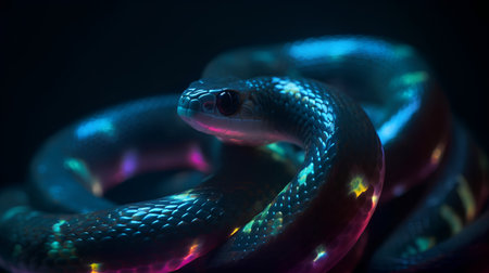 3D Illustration of a Dark Gray Snake with Colorful Flamesの素材