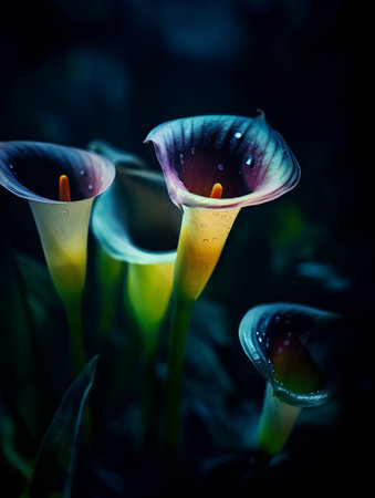 Beautiful calla lily flowers on a dark background. Selective focus.の素材