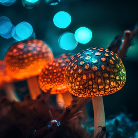 Close up of mushrooms in the forest with bokeh background.の素材