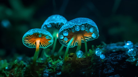 Mushrooms in the forest at night. 3D illustration.の素材